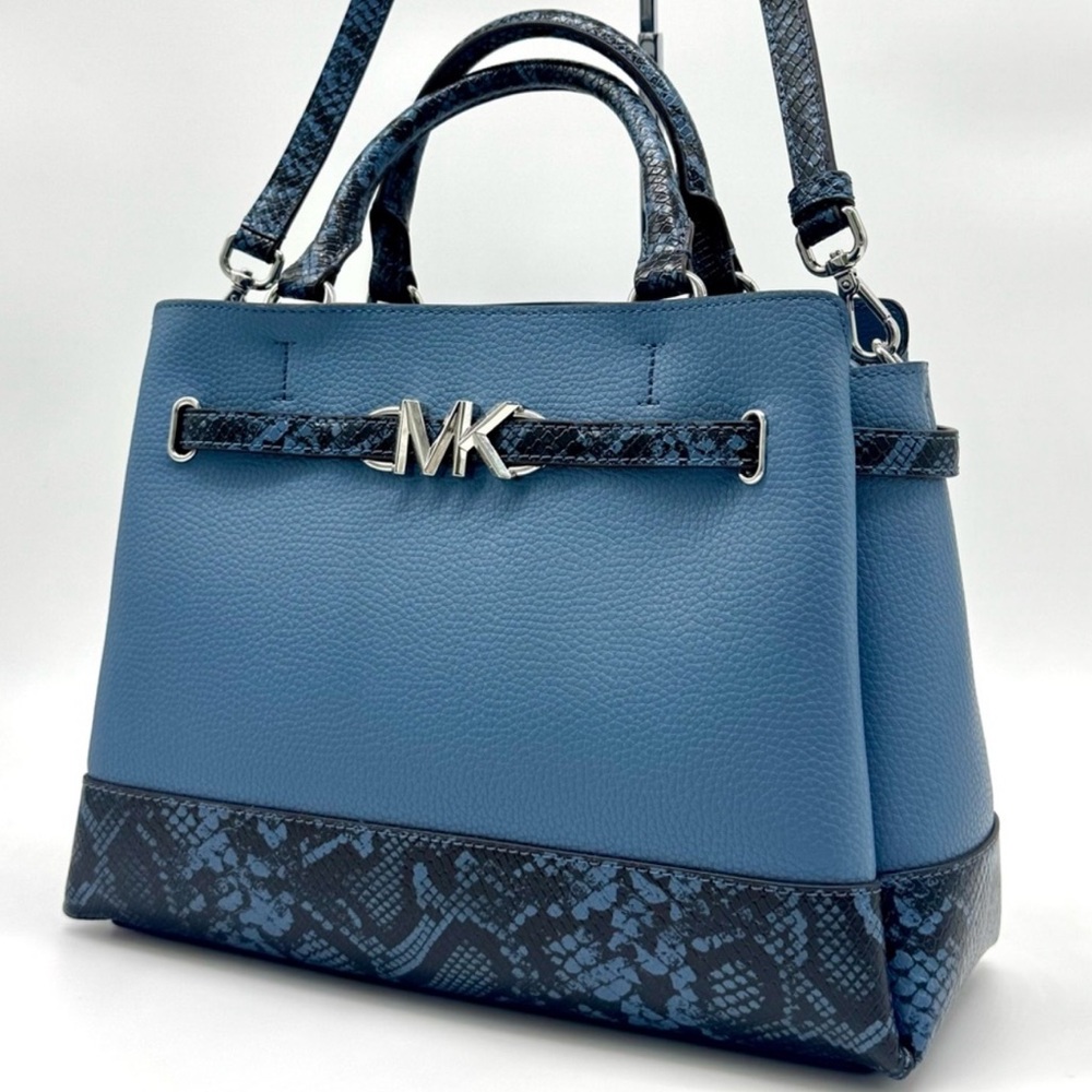 Michael Kors Large Reed Leather Belted Satchel Crossbody Bag Denim Snakeskin